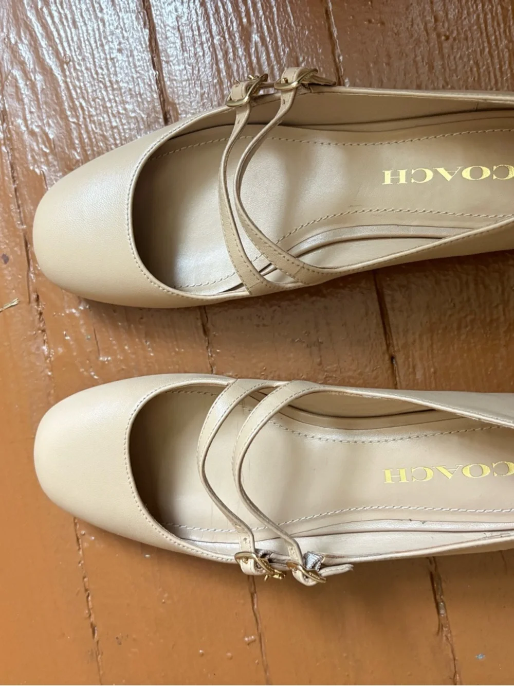 COACH Beige Double-Strap Mary Jane Flats